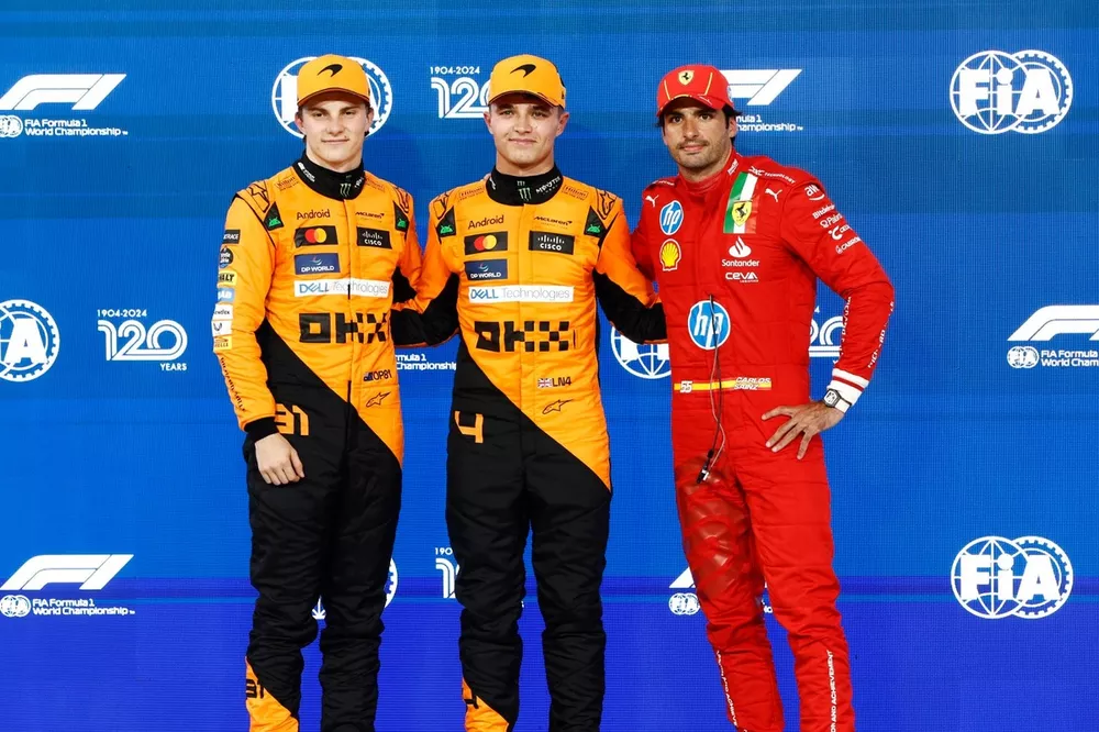 Top three Qualifiers Oscar Piastri, McLaren F1 Team, pole man Lando Norris, McLaren F1 Team, Carlos Sainz, Scuderia Ferrari