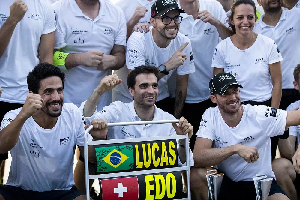 Lucas di Grassi, Venturi Racing, Jerome d'Ambrosio, Team Principal, ROKiT Venturi Racing, Edoardo Mortara, Venturi Racing, 1st position, the Venturi team celebrate