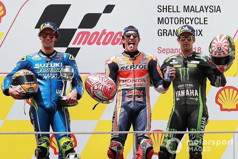 Podium : le vainqueur Marc Marquez, Repsol Honda Team, le deuxi&egrave;me, Alex Rins, Team Suzuki MotoGP, le troisi&egrave;me, Johann Zarco, Monster Yamaha Tech 3