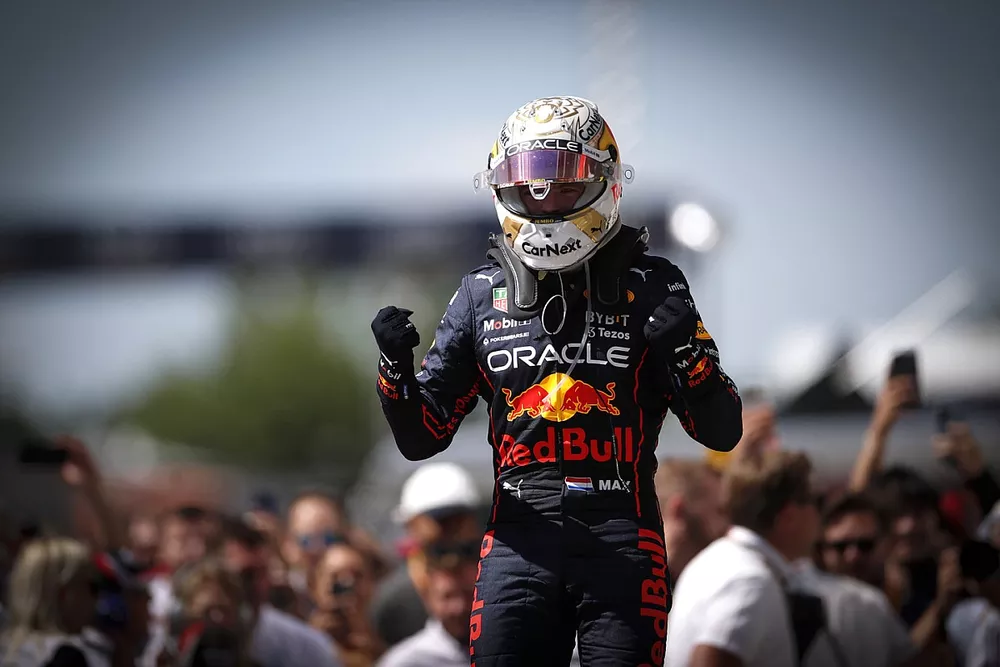 Max Verstappen, Red Bull Racing, 1st position, celebrates on arrival in Parc Ferme