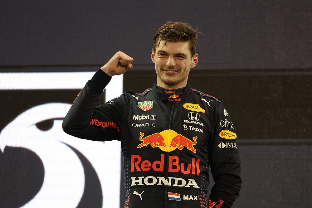 Max Verstappen, Red Bull Racing, 1st position, celebrates on the podium