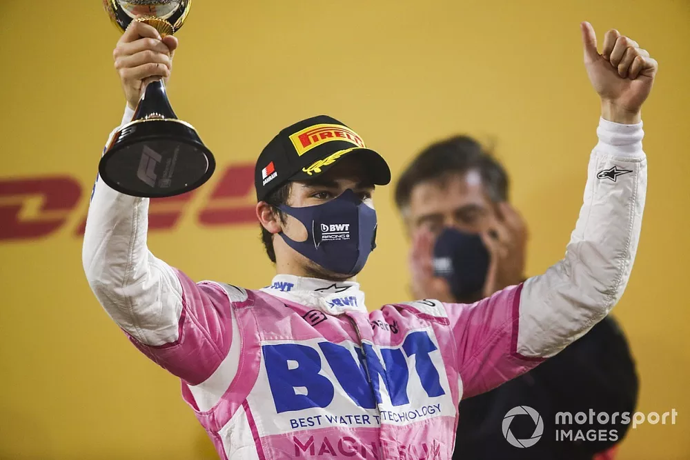 Lance Stroll, Racing Point, 3rd position, with his trophy