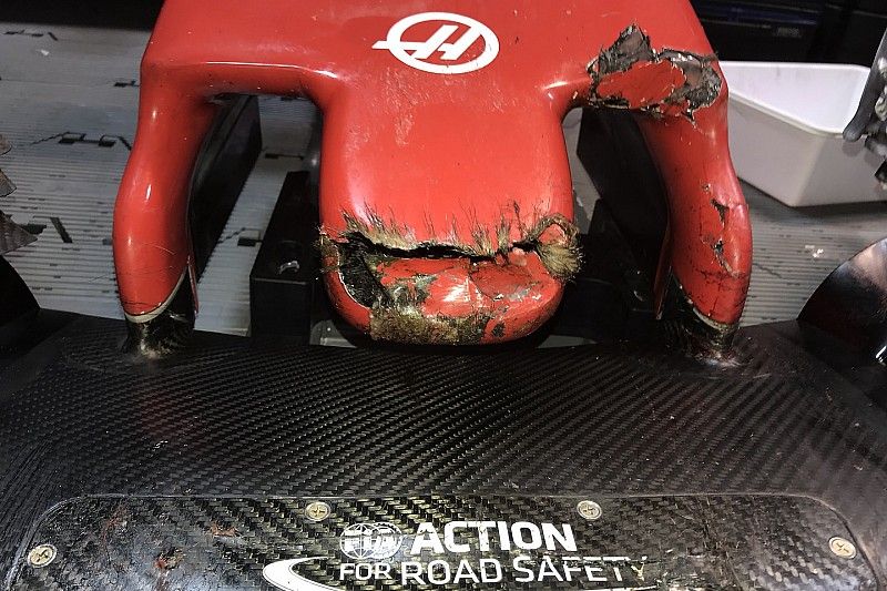 The Haas F1 Team VF-18 of Romain Grosjean after hitting a groundhog during FP2