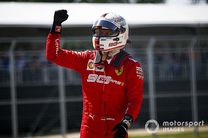 Sebastian Vettel, Ferrari celebrates taking pole position in Parc Ferme 