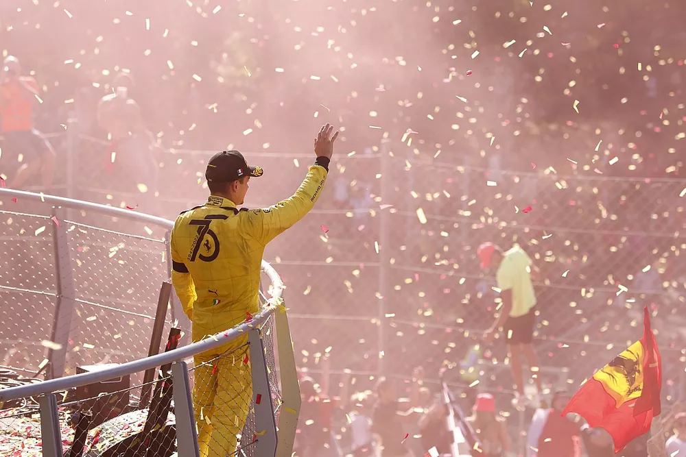 Charles Leclerc, Ferrari, 2nd position, waves from the podium