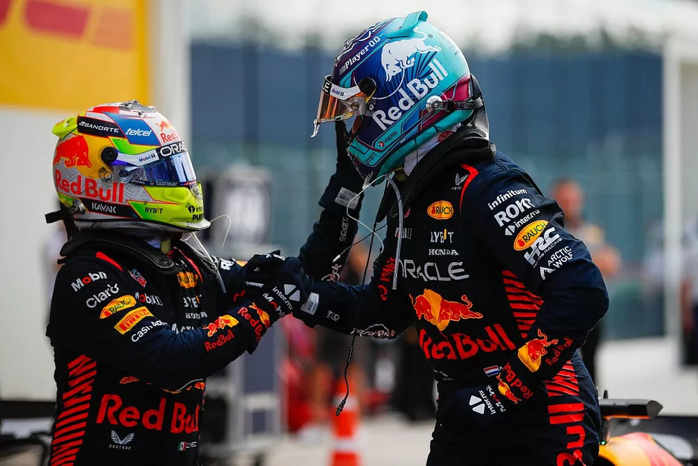 Sergio Perez, Red Bull Racing, 2nd position, Max Verstappen, Red Bull Racing, 1st position, congratulate each other in Parc Ferme