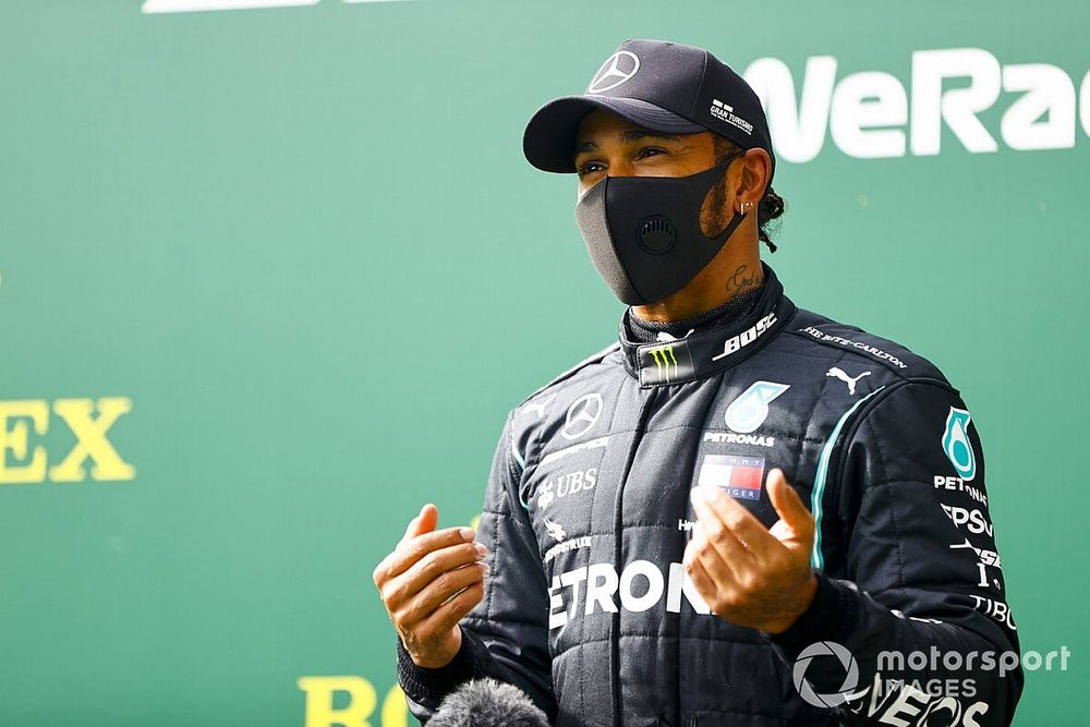 Pole Sitter Lewis Hamilton, Mercedes-AMG F1 speaks to the media in Parc Ferme 
