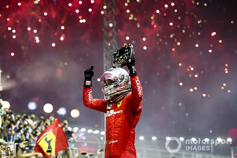 Race winner Sebastian Vettel, Ferrari celebrates in Parc Ferme 