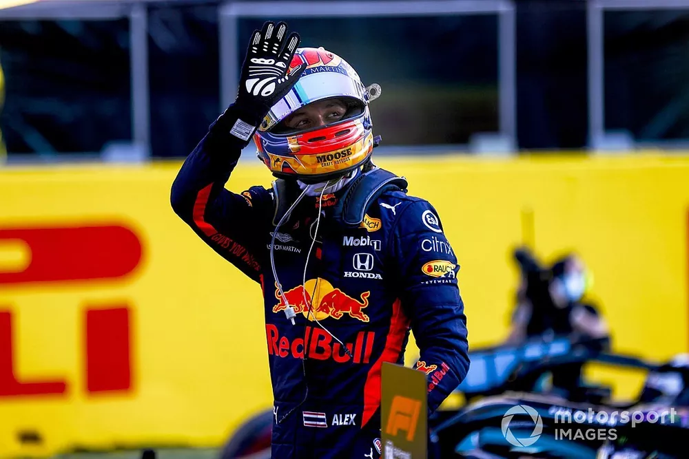 Alex Albon, Red Bull Racing, 3rd position, celebrates on arrival in Parc Ferme