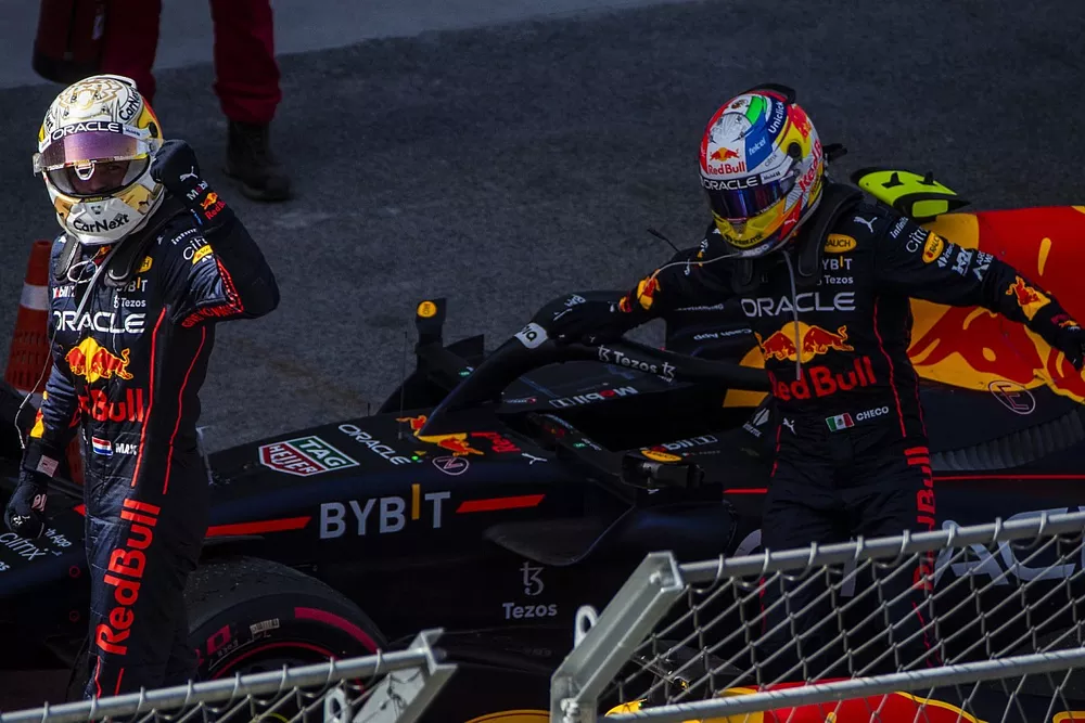Max Verstappen, Red Bull Racing, 1st position, Sergio Perez, Red Bull Racing, 2nd position, arrive in Parc Ferme