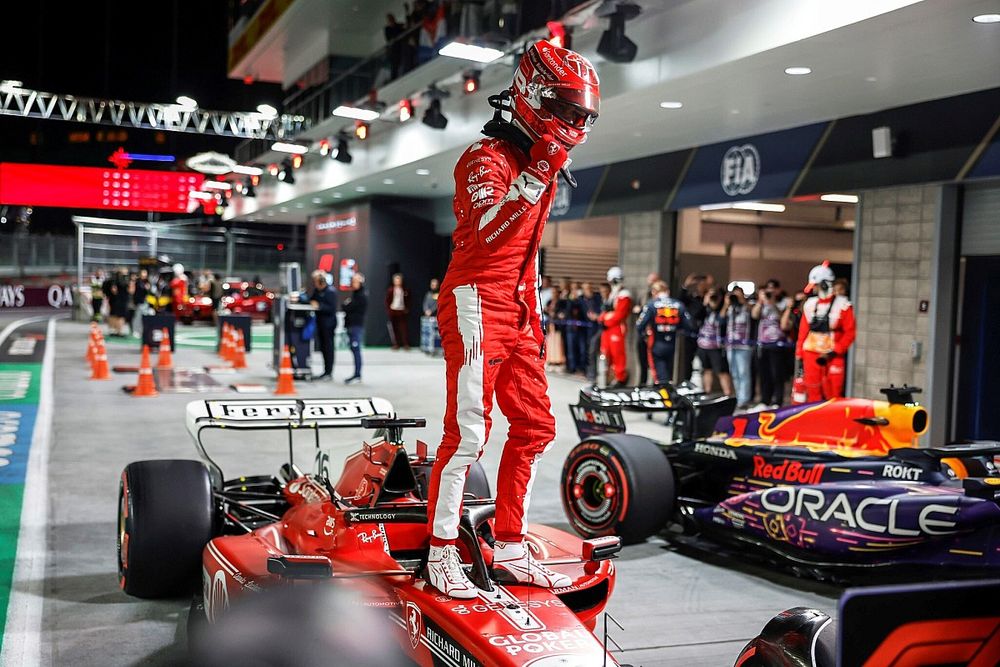 Pole man Charles Leclerc, Scuderia Ferrari, arrives in Parc Ferme