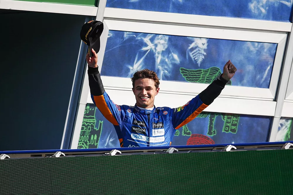 Lando Norris, McLaren, 2nd position, arrives on the podium