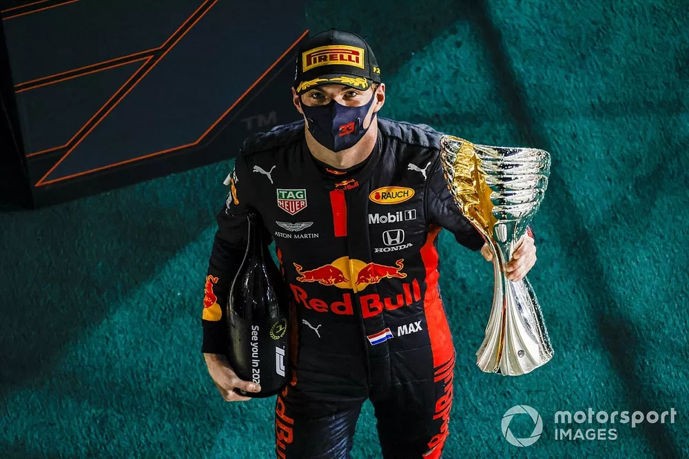 Max Verstappen, Red Bull Racing, 1st position, with his trophy