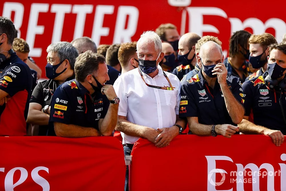 Christian Horner, Team Principal, Red Bull Racing, Helmut Marko, Consultant, Red Bull Racing, Adrian Newey, Chief Technical Officer, Red Bull Racing, and the Red Bull team celebrate a podium for Max Verstappen, Red Bull Racing