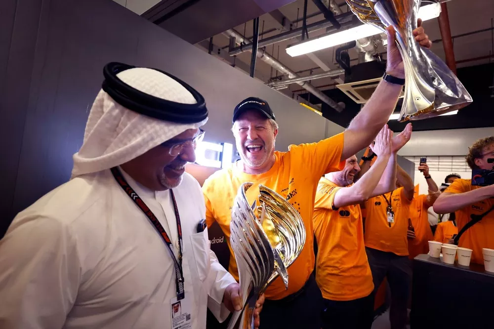 Shaikh Mohammed Bin Essa Al Khalifa, Zak Brown, CEO, McLaren Racing,rea Stella, Team Principal, McLaren F1 Team, the McLaren team celebrate after securing the Constructors title