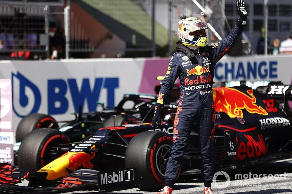 Max Verstappen, Red Bull Racing, celebrates in Parc Ferme after securing pole