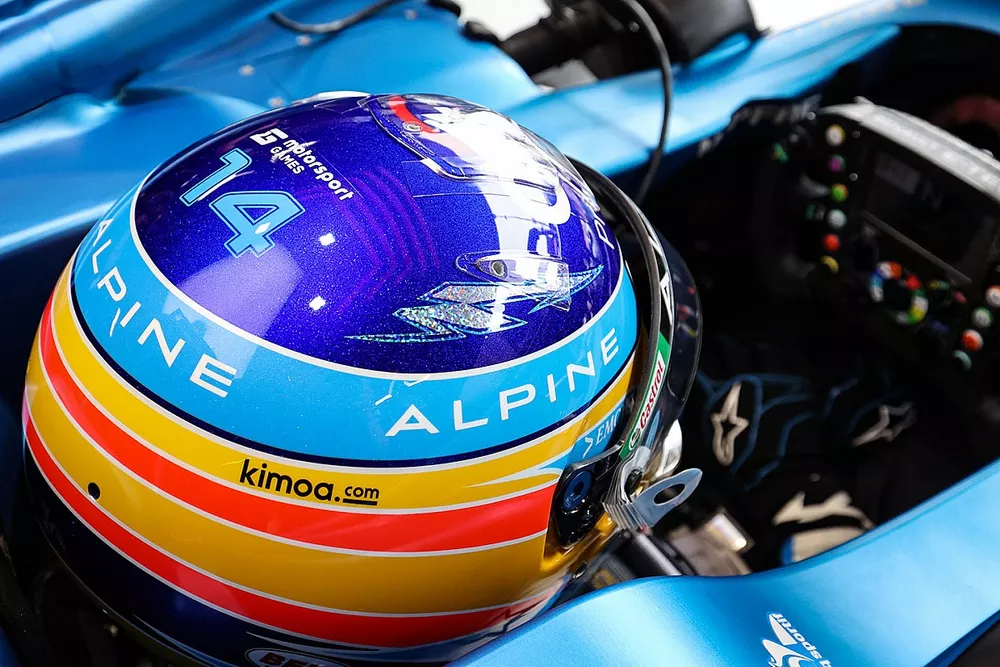 Helmet of Fernando Alonso, Alpine A521 with Motorsport Games logo at Monaco GP
