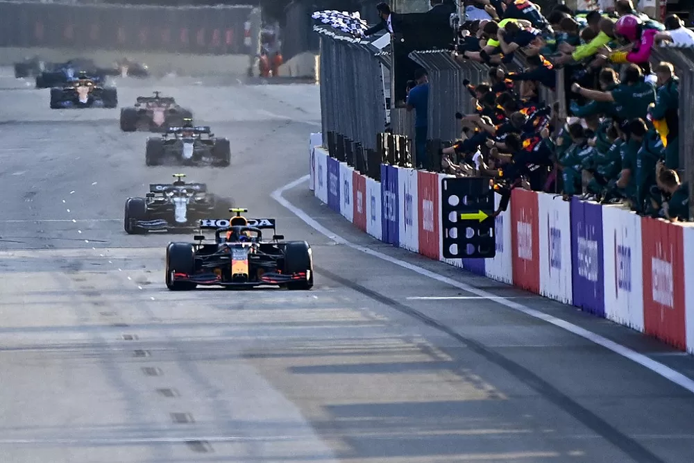 Race winner, Sergio Perez, Red Bull Racing RB16B