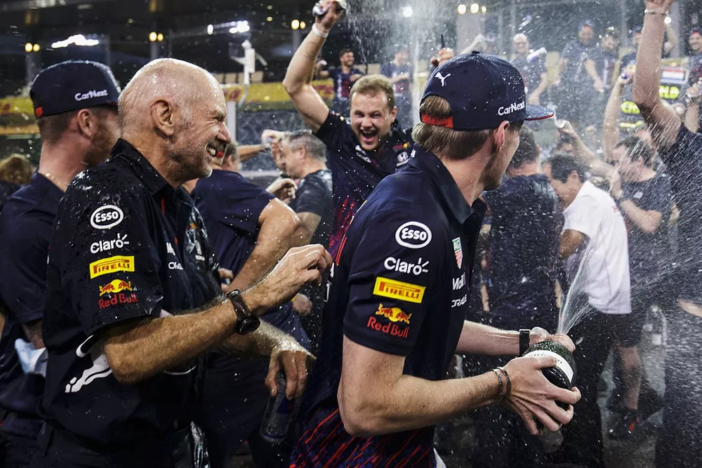 Max Verstappen, Red Bull Racing including Adrian Newey, Chief Technical Officer, Red Bull Racing, celebrate with team members
