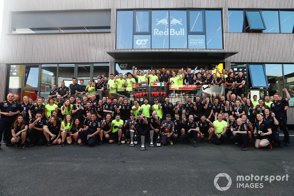 The Red Bull team, including Max Verstappen, Red Bull Racing, Sergio Perez, Red Bull Racing, Adrian Newey, Chief Technology Officer, Red Bull Racing and Christian Horner, Team Principal, Red Bull Racing, celebrate their 1-2 result