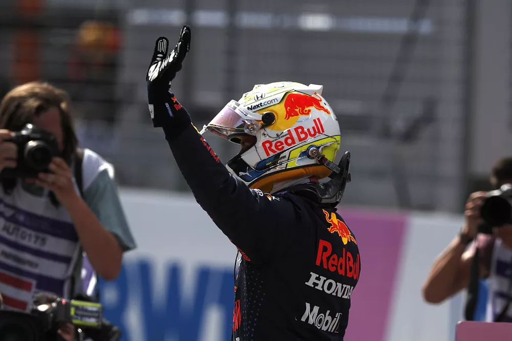 Pole man Max Verstappen, Red Bull Racing, celebrates in Parc Ferme