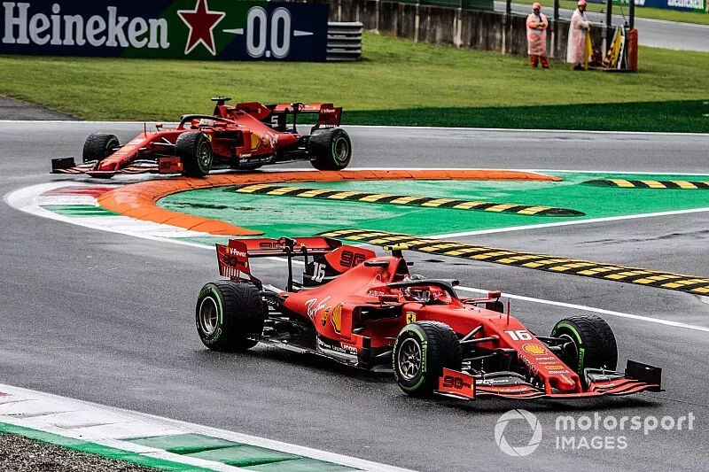 Charles Leclerc, Ferrari SF90, leads Sebastian Vettel, Ferrari SF90