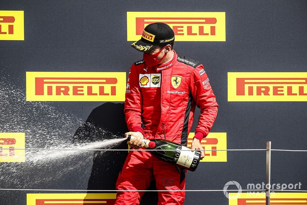 Charles Leclerc, Ferrari celebrates on the podium with the champagne