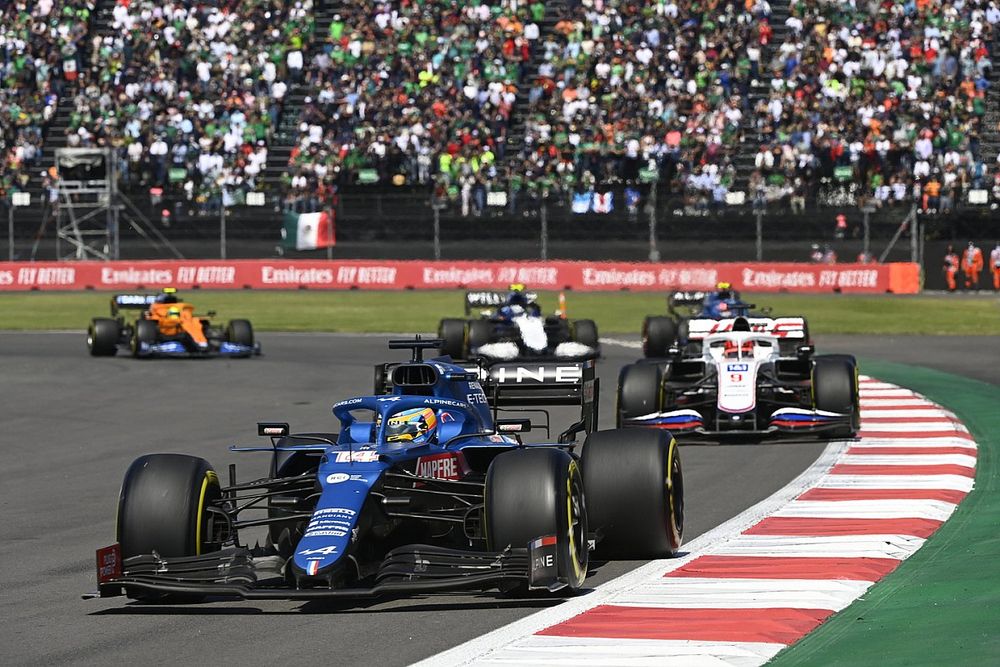 Fernando Alonso, Alpine A521, Nikita Mazepin, Haas VF-21, Esteban Ocon, Alpine A521, and Nicholas Latifi, Williams FW43B