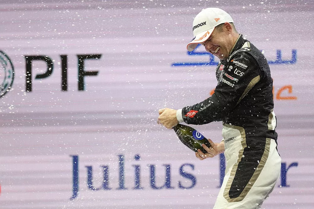 Nick Cassidy, Jaguar TCS Racing, 1st position, celebrates victory on the podium