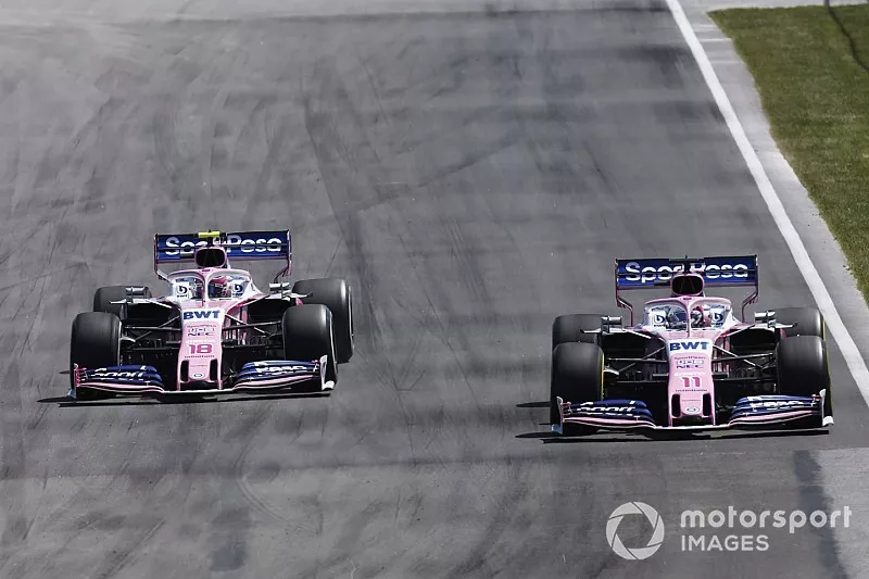 Sergio Perez, Racing Point RP19, battles with Lance Stroll, Racing Point RP19
