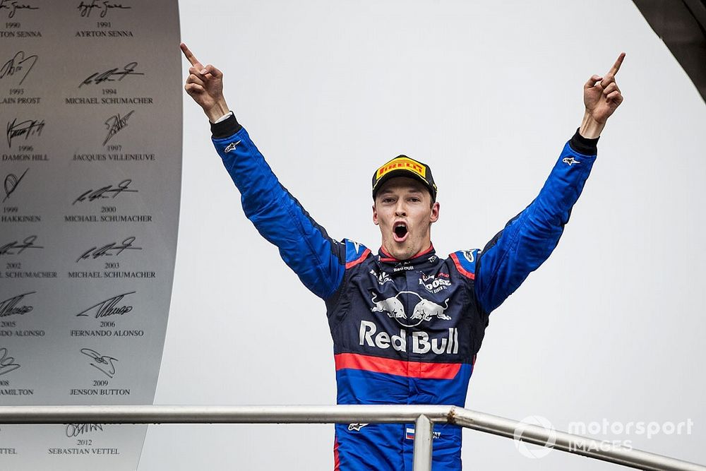 Daniil Kvyat, Toro Rosso celebrates on the podium 