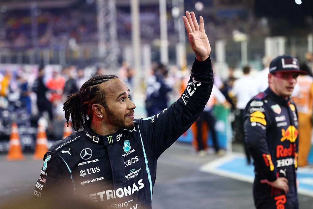 Lewis Hamilton, Mercedes, 2nd position, waves to fans from Parc Ferme