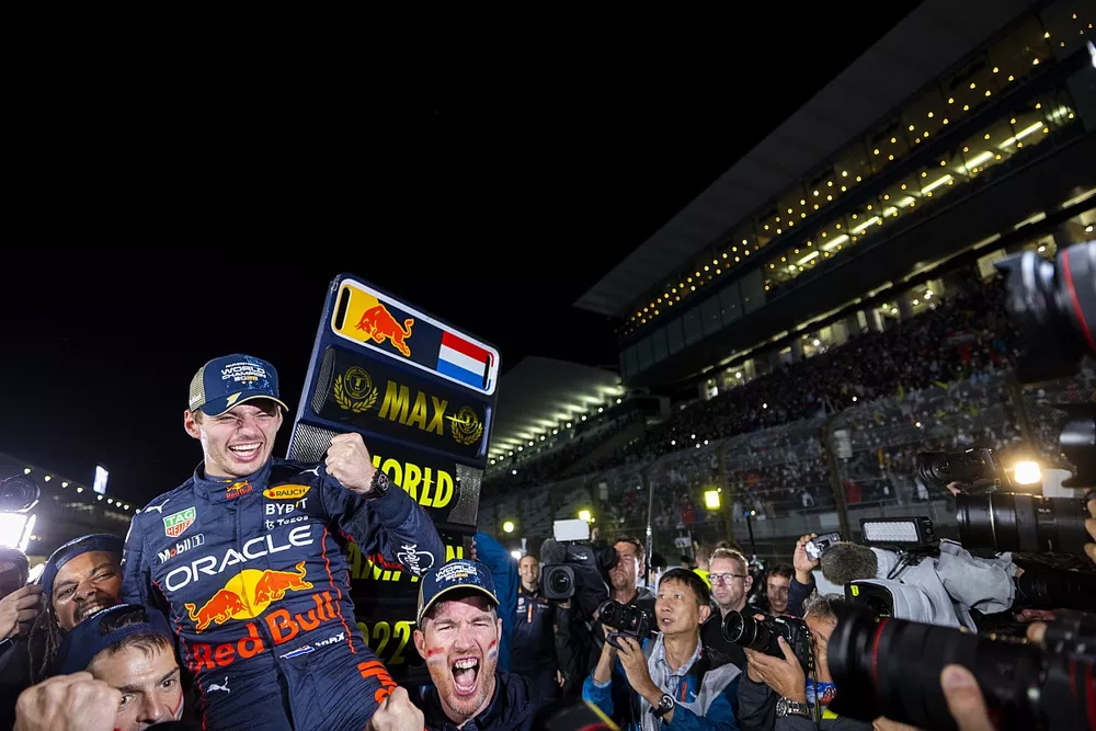 Max Verstappen, Red Bull Racing, 1st position, celebrates World Championship victory with his team