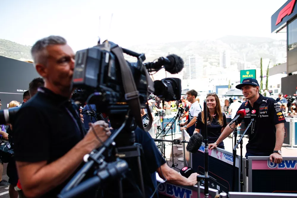 Max Verstappen, Red Bull Racing, talks to the media