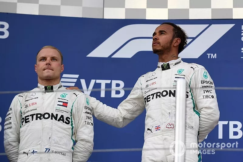 Lewis Hamilton, Mercedes AMG F1 and Valtteri Bottas, Mercedes AMG F1 on the podium