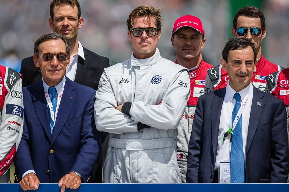 FIA Action for Road Safety fotoshoot: ACO President Pierre Fillon, acteur Brad Pitt en rijders