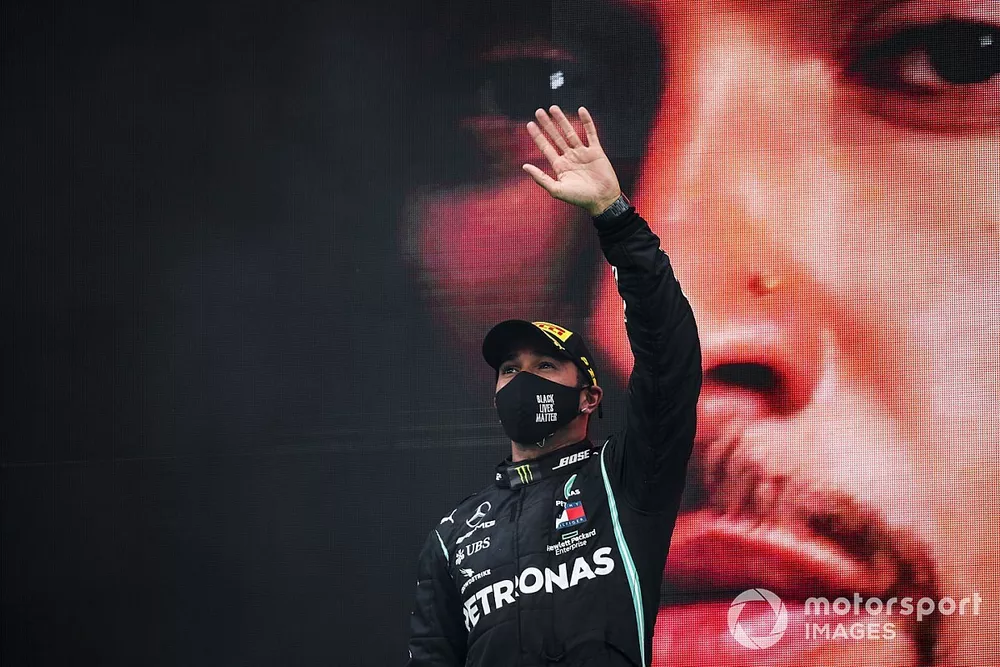 Race Winner Lewis Hamilton, Mercedes F1 celebrates on the podium after taking his 92nd Grand Prix win, the most for any driver in F1 history