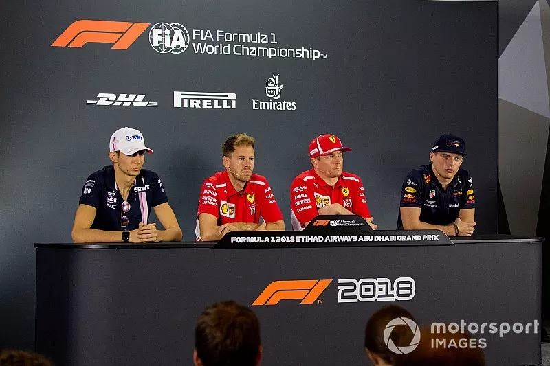 Esteban Ocon, Racing Point Force India, Sebastian Vettel, Ferrari, Kimi Raikkonen, Ferrari and Max Verstappen, Red Bull Racing in the press conference