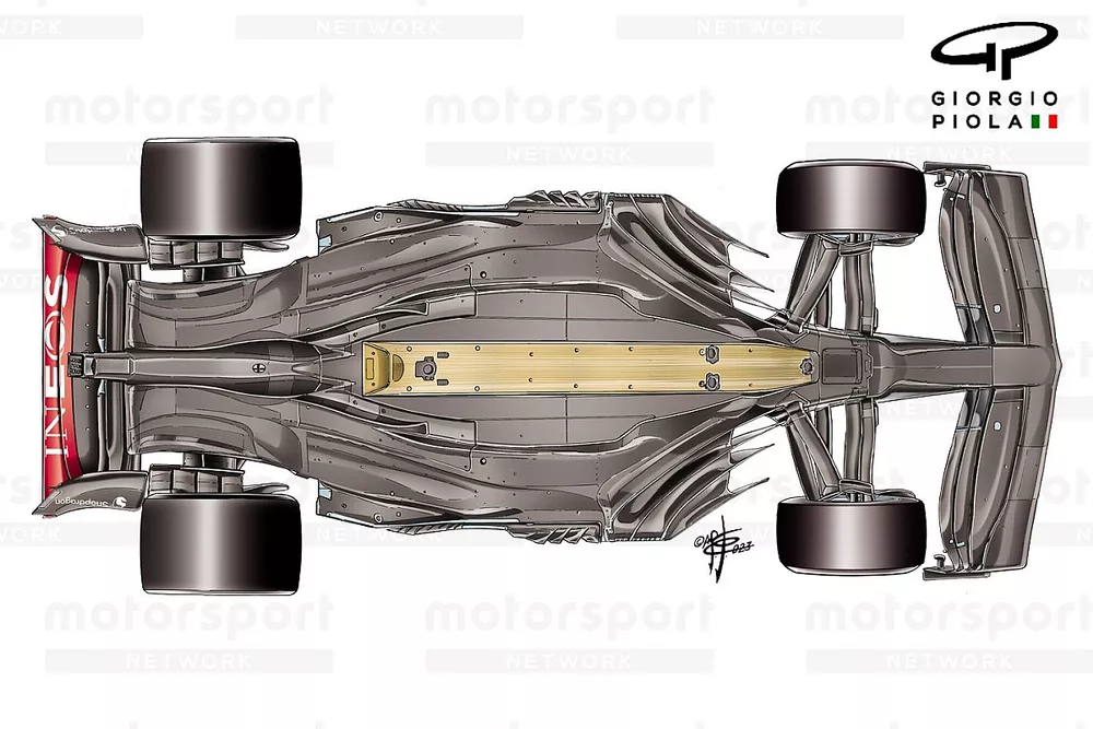 Vista del piso del Mercedes W14  
