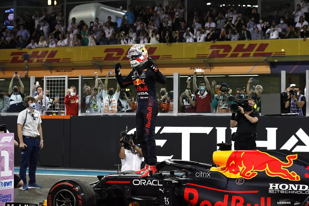 Max Verstappen, Red Bull Racing, 1st position, celebrates on arrival in Parc Ferme