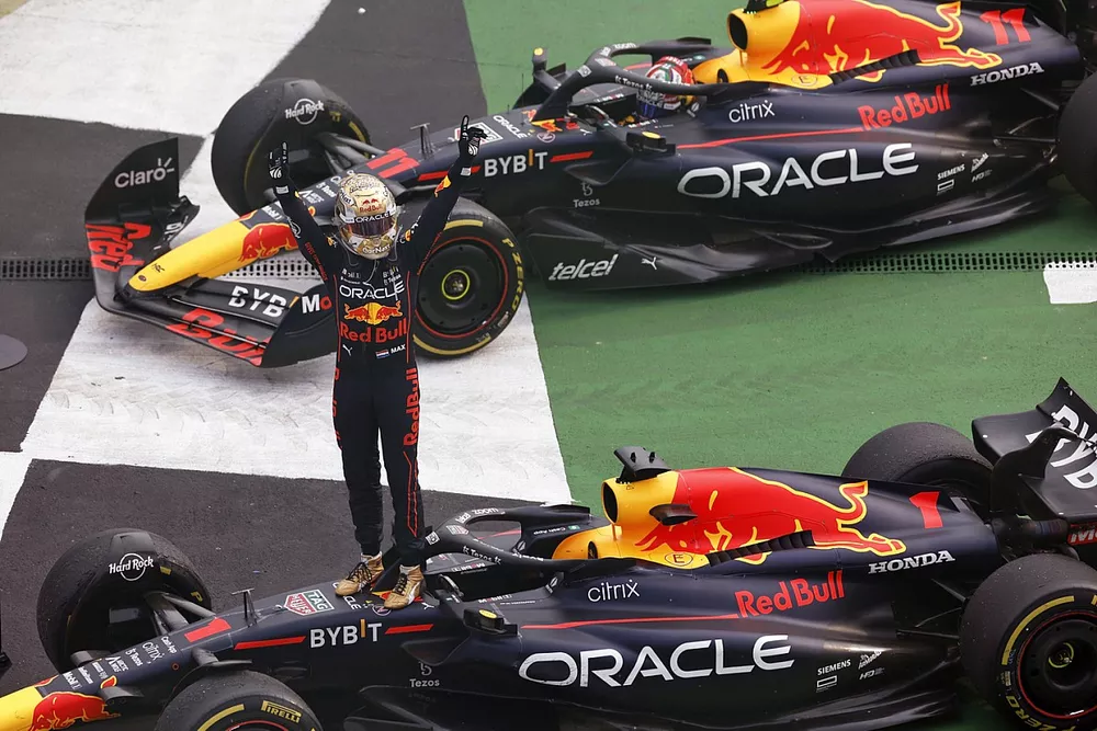 Max Verstappen, Red Bull Racing, 1st position, celebrates on arrival in Parc Ferme