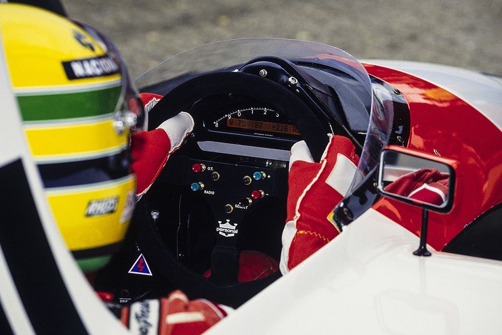 The steering wheel and dash in Ayrton Senna's McLaren MP4/6 Honda