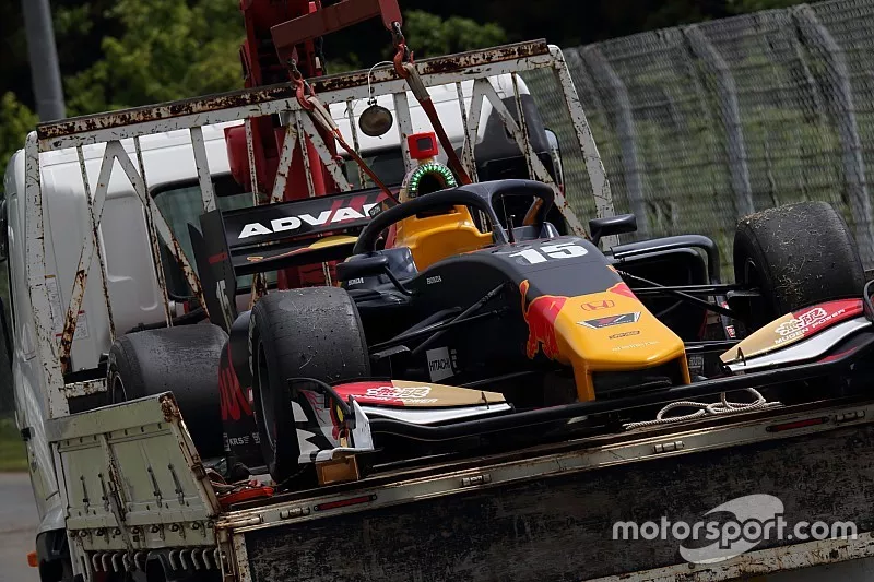The crashed car of Dan Ticktum, Mugen