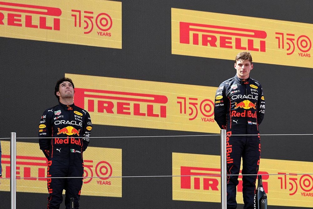 Sergio Perez, Red Bull Racing, , 2nd position, Max Verstappen, Red Bull Racing, , 1st position, George Russell, Mercedes-AMG , 3rd position, on the Podium