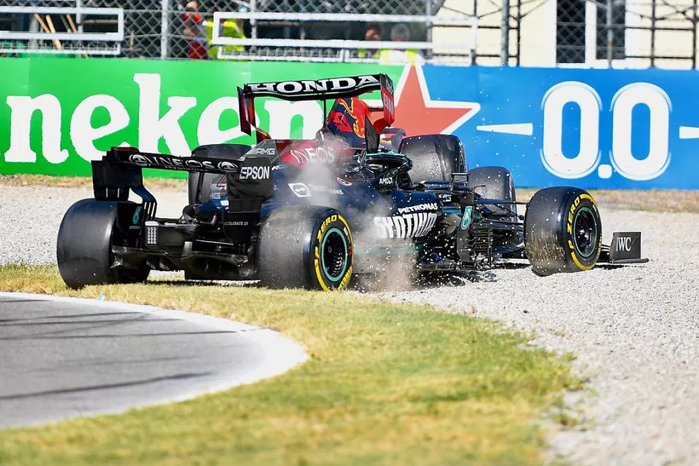 Lewis Hamilton, Mercedes W12 and Max Verstappen, Red Bull Racing RB16B collide