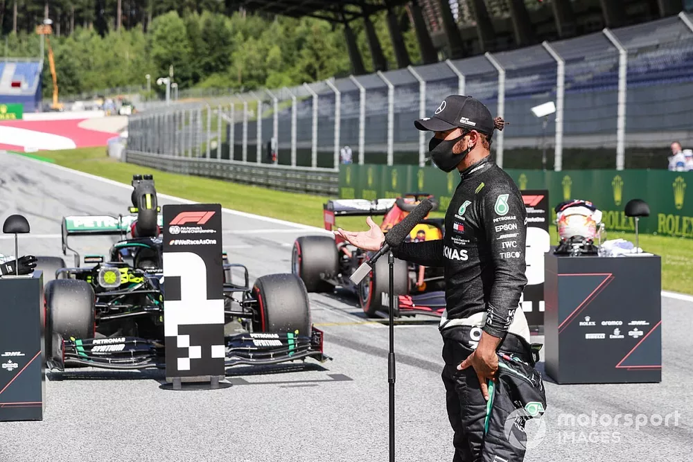Lewis Hamilton, Mercedes-AMG Petronas F1 speaks to the media in parc ferme