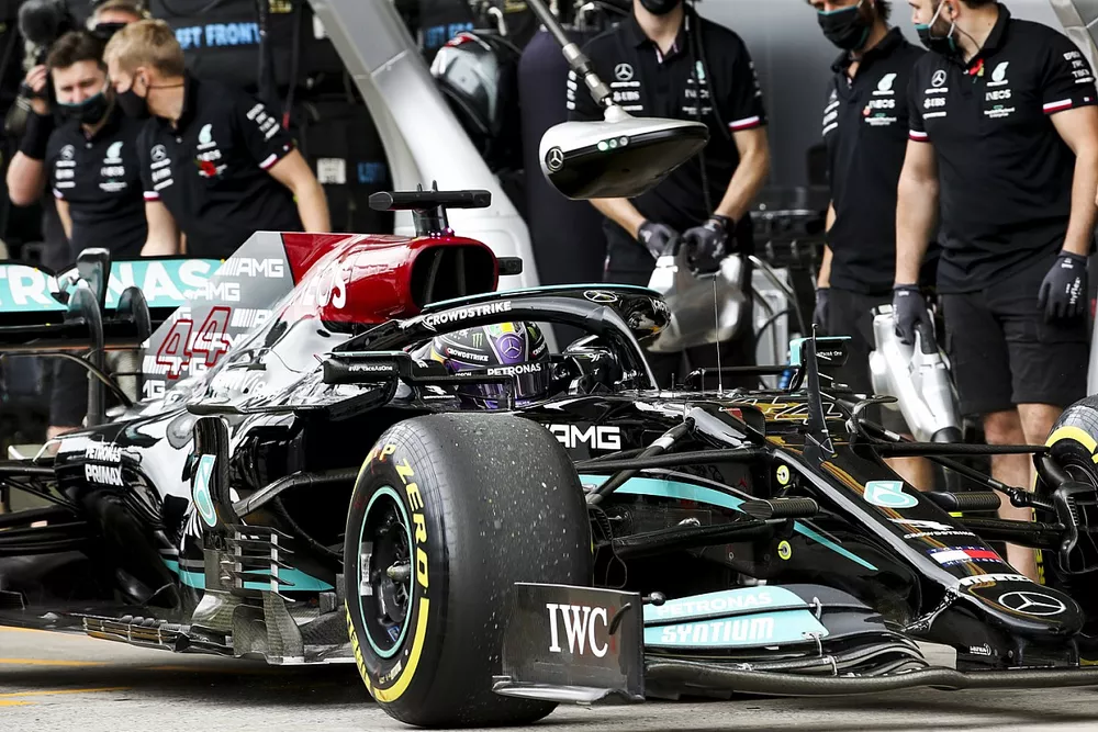 Lewis Hamilton, Mercedes W12, in the pit lane