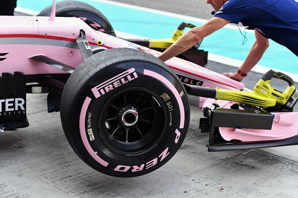 Detalle de neumáticos Pirelli de 2018 Hypersoft de Nikita Mazepin, Sahara Force India VJM10