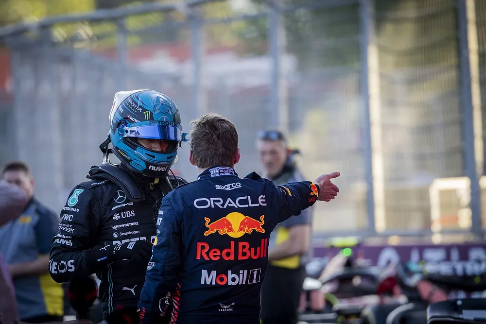 George Russell, Mercedes-AMG, Max Verstappen, Red Bull Racing, 3rd position, talk in Parc Ferme after the Sprint race