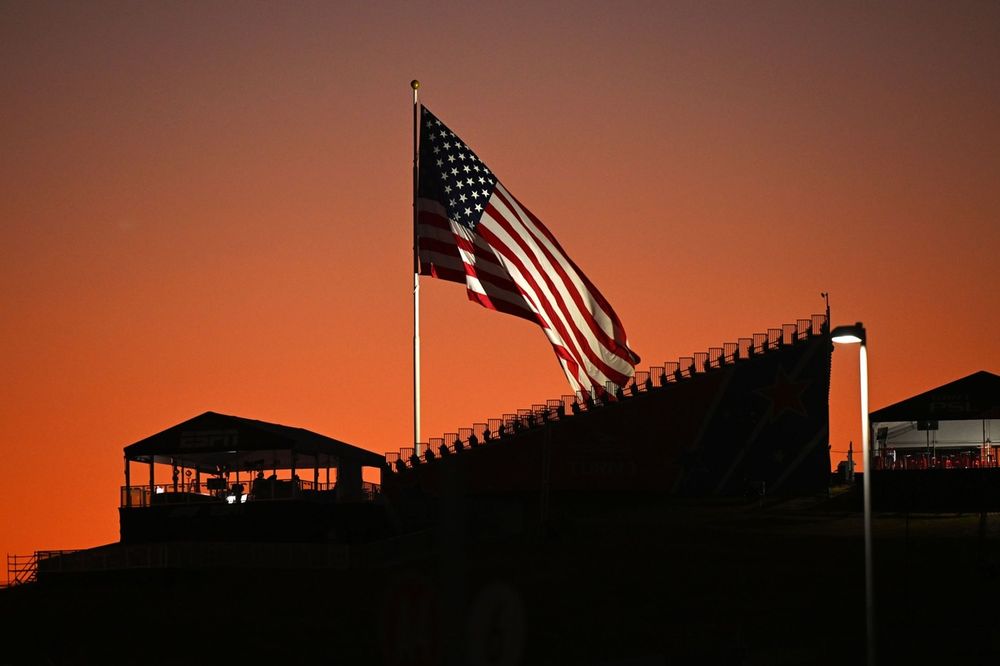 The United States flag flies above the grandstand